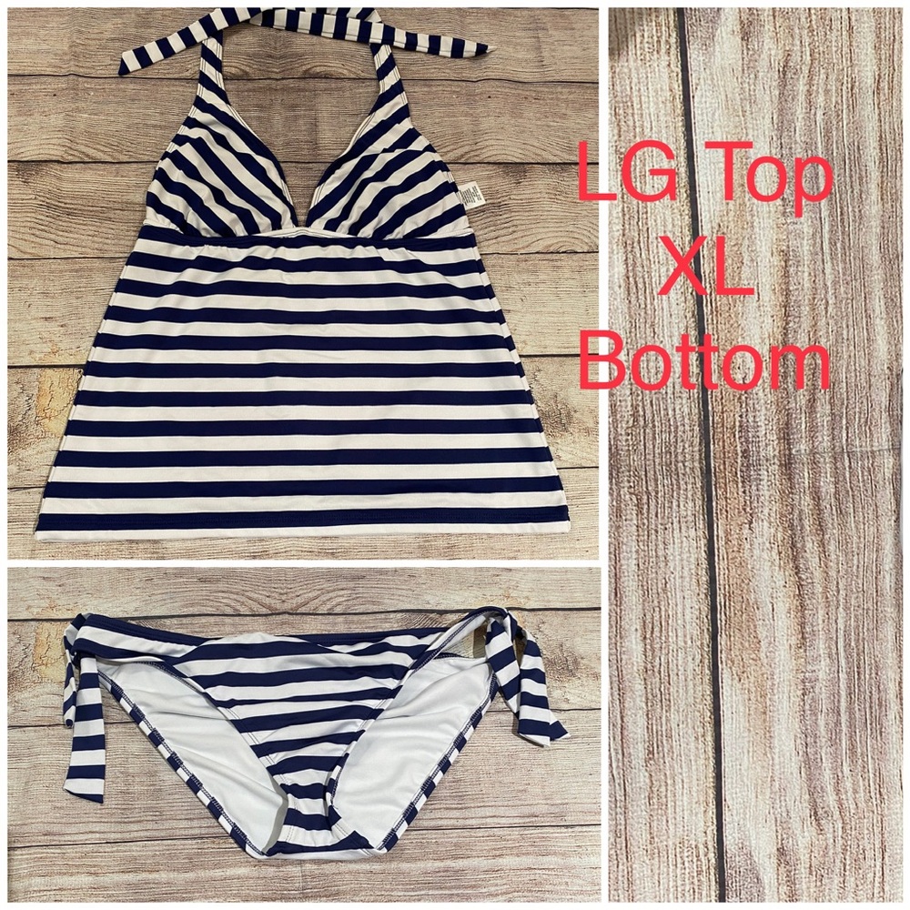 Mossimo Supply Co. Navy and White Striped Tankini with Tie-Side Bikini Bottoms